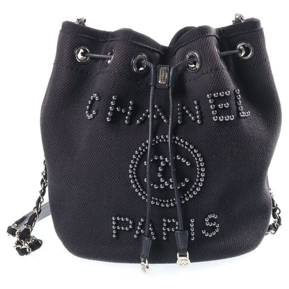 Chanel Deauville Drawstring Shoulder Bag Canvas Black