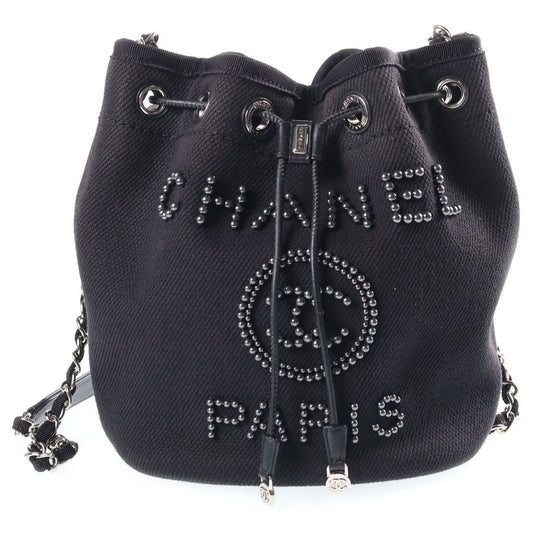 Chanel Deauville Drawstring Shoulder Bag Canvas Black