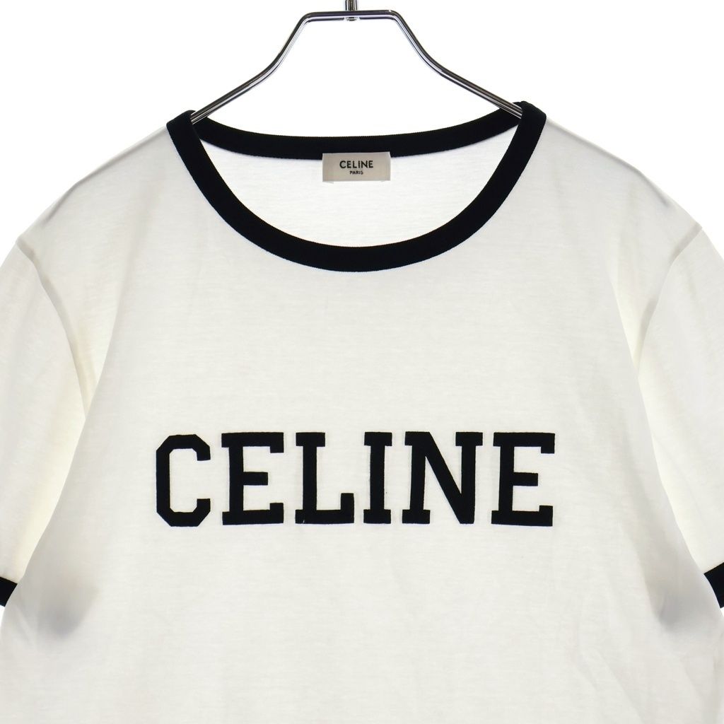 Celine Regular T-Shirt in Cotton Jersey Logo Print Crew Neck Ringer Short — view 3