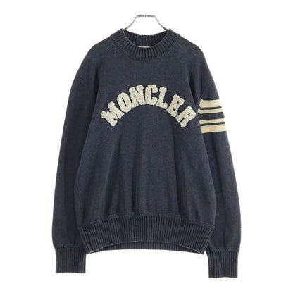 Moncler Stripe Sleeve Logo Cotton Knit Sweater Gray