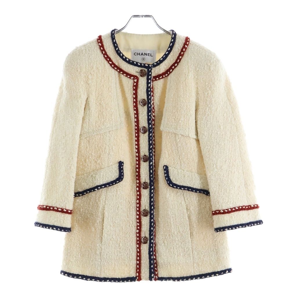 Chanel Tweed Collarless Long Jacket Ivory White Tricolor