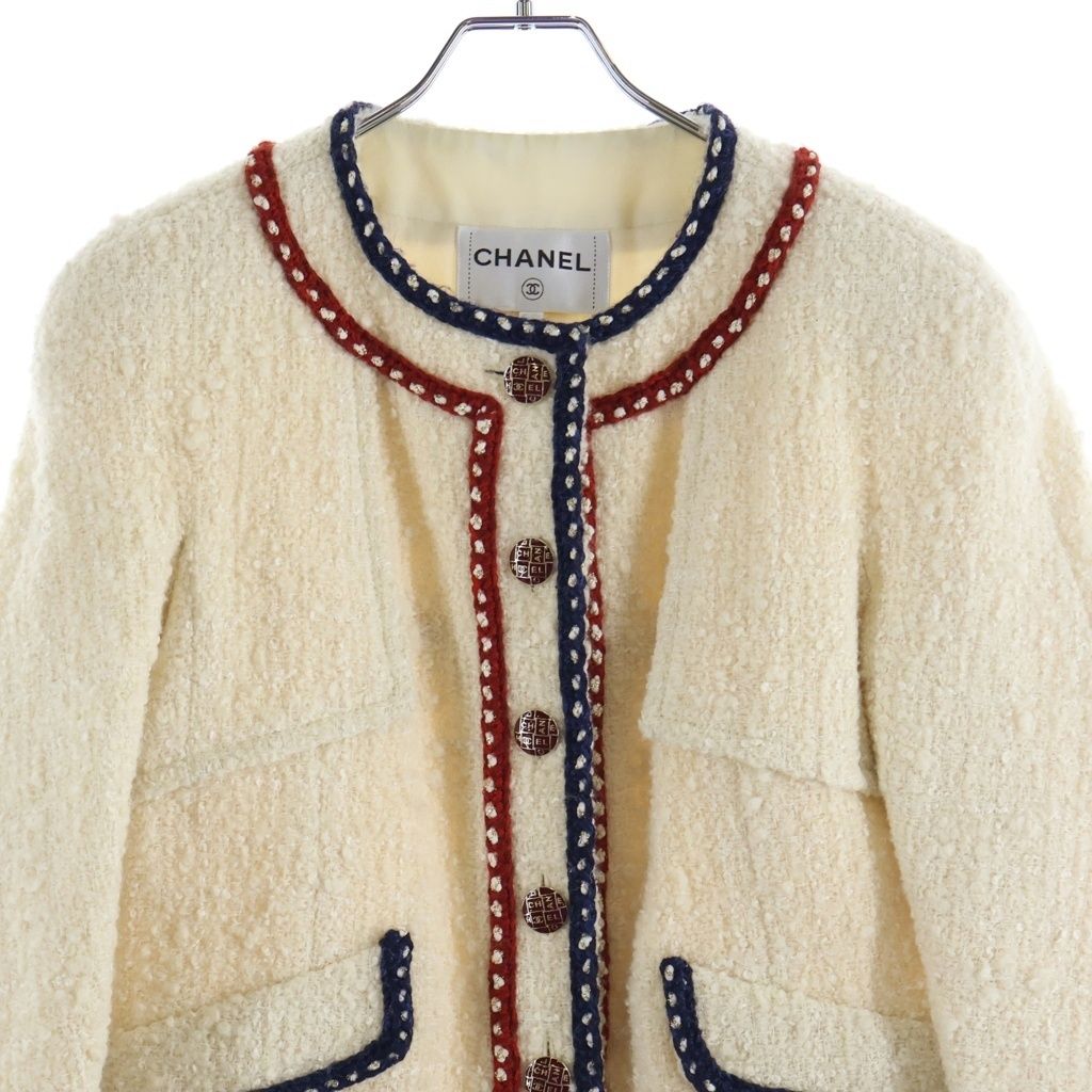 Chanel Tweed Collarless Long Jacket Ivory White Tricolor — view 3