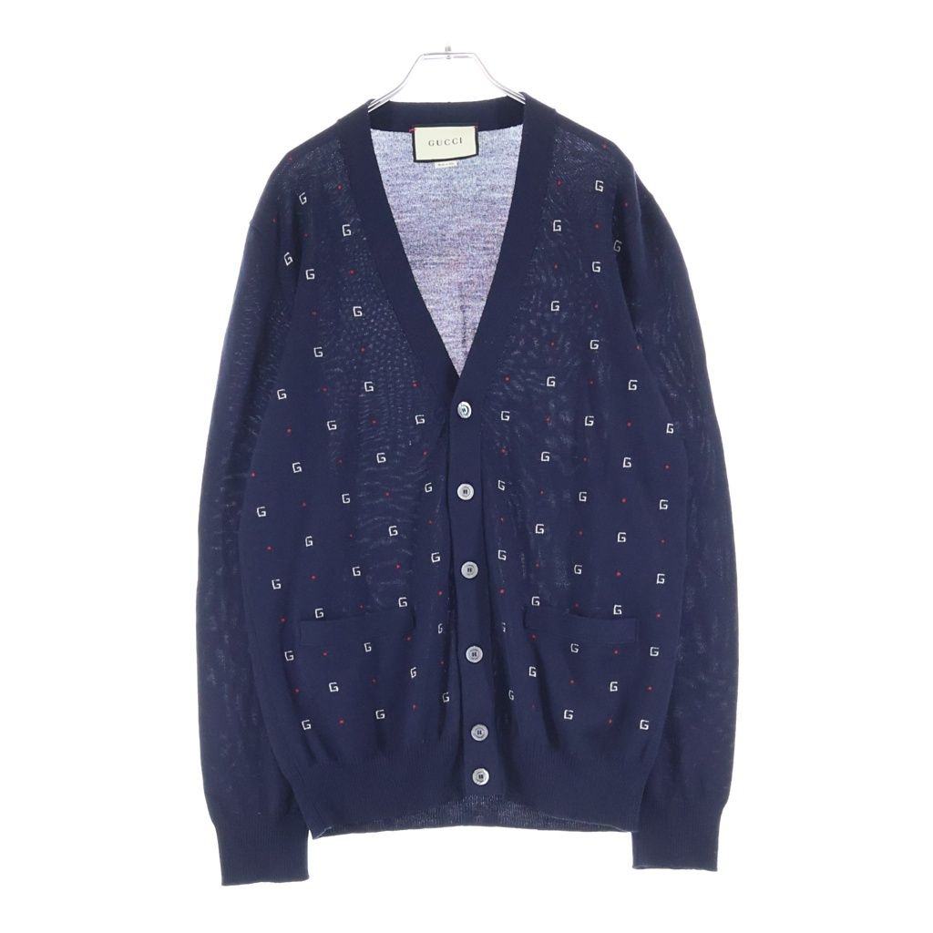 Gucci 19 SS Wool Jacquard Cardigan Logo Embroidery Navy