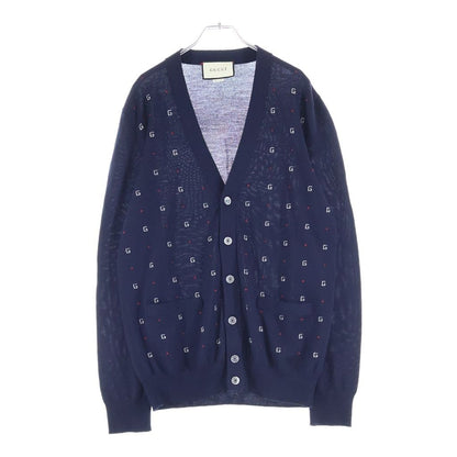 Gucci 19 SS Wool Jacquard Cardigan Logo Embroidery Navy