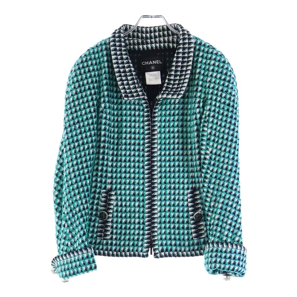 Chanel Gripoix Button Tweed Zip Up Jacket Green