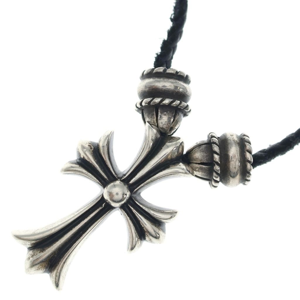 Chrome Hearts CH CL Small CH Cross Crimp Leather Braid Necklace Silver Black