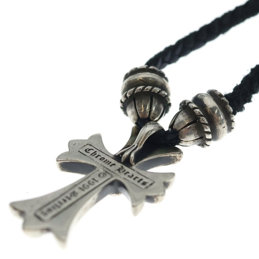 Chrome Hearts CH CL Small CH Cross Crimp Leather Braid Necklace Silver Black — view 6