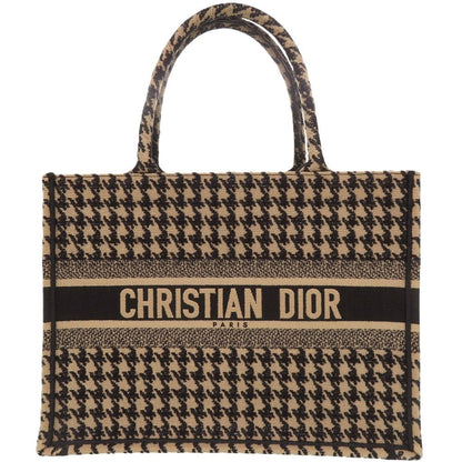 Dior Book Tote Bag Medium Houndstooth Pattern Canvas Beige Black