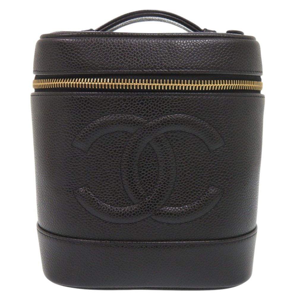 Chanel CC Logo Caviar Leather Black Gold Vanity Makeup Pouch