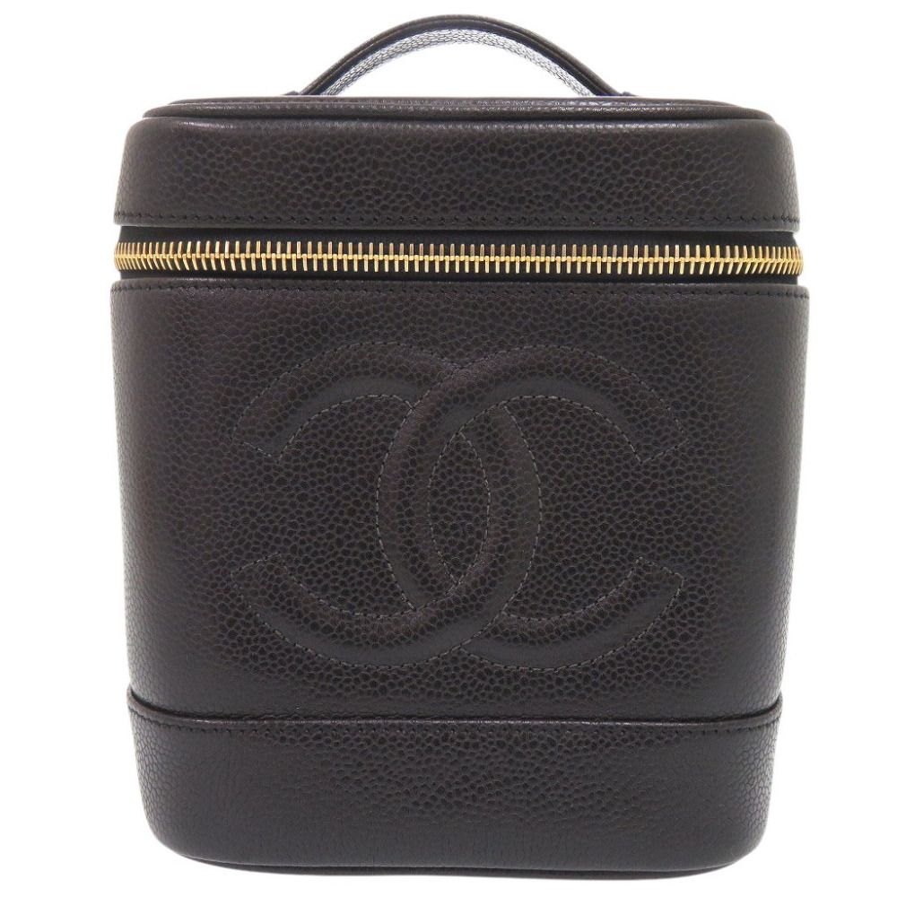 Chanel CC Logo Caviar Leather Black Gold Vanity Makeup Pouch
