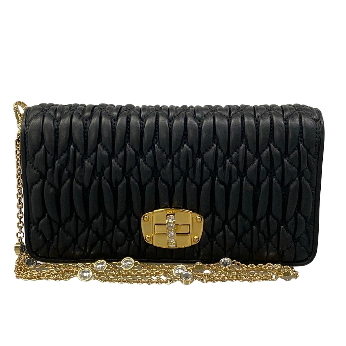 Miu Miu Shoulder Bag Miu Crystal Matelasse Black Chain Removable Strap Mini