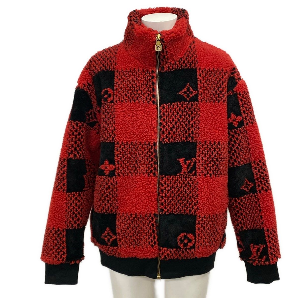 Louis Vuitton Jacket Njf Red Black Long Sleeve Damier Pattern Fleece Winter M