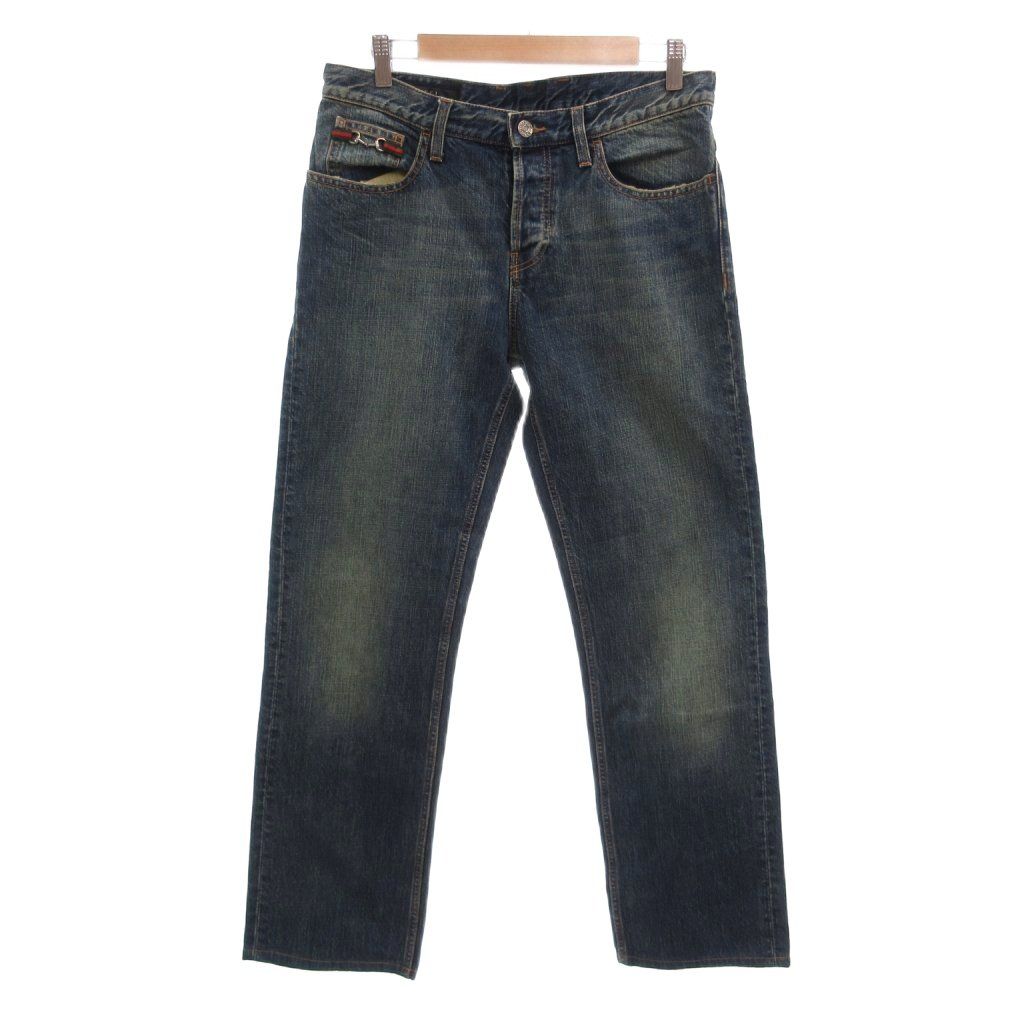 Gucci Straight Denim Pants Jeans Blue Button Fly Sherry Line Horsebit 46