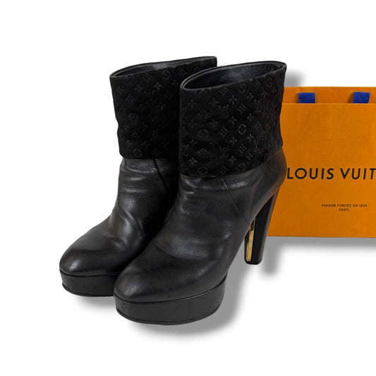 Louis Vuitton Monogram Leather Ankle Boots Lambskin Black