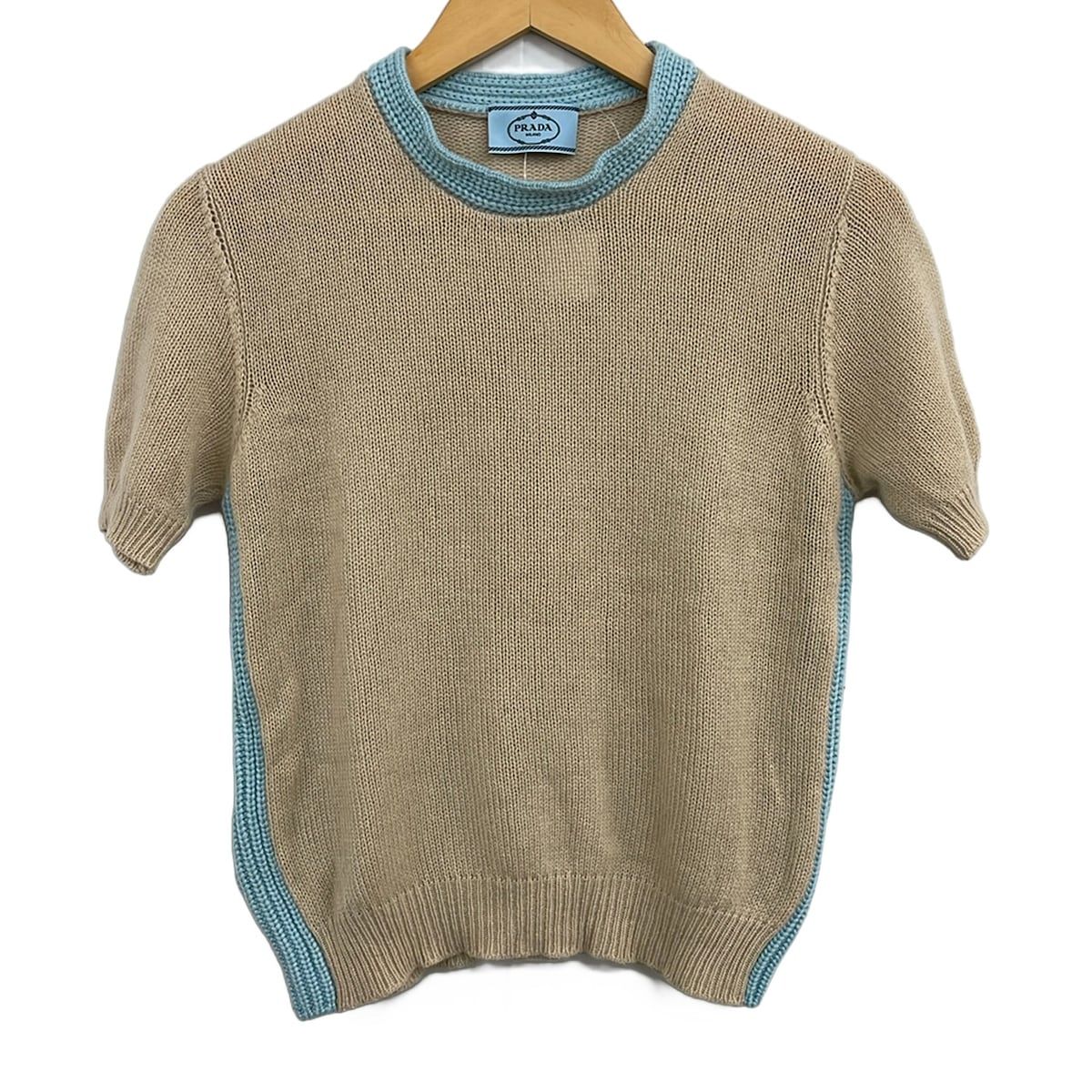 Prada Short Sleeve Sweater M Beige Light Blue Crew Neck Cashmere 40