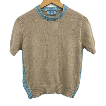 Prada Short Sleeve Sweater M Beige Light Blue Crew Neck Cashmere 40