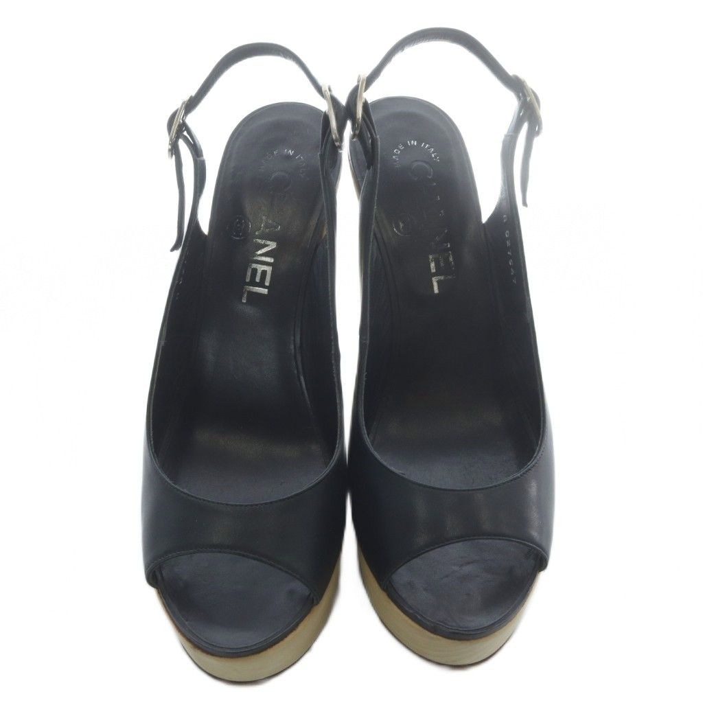 Chanel Sandals Strap Leather High Heels Black Beige — view 2