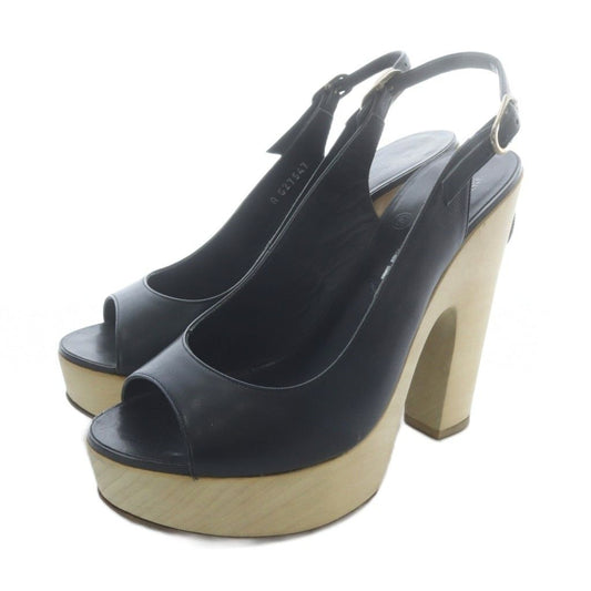 Chanel Sandals Strap Leather High Heels Black Beige