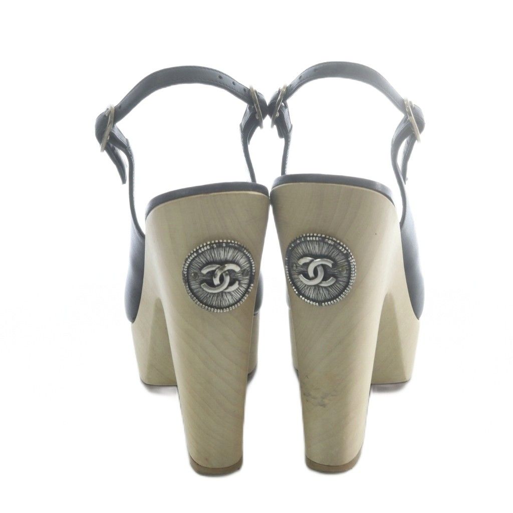 Chanel Sandals Strap Leather High Heels Black Beige — view 4