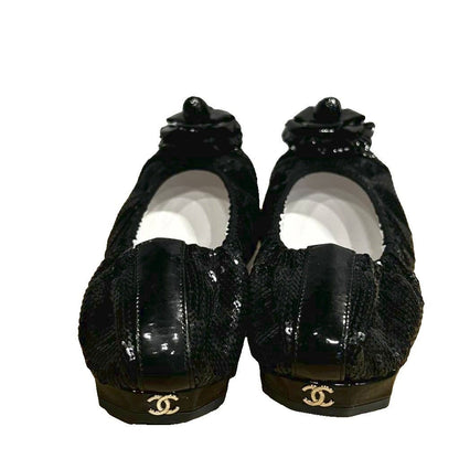 Chanel Camellia Flat Shoes Pumps Sequins Black — view 6