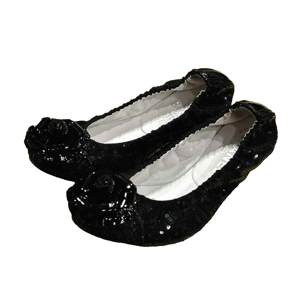 Chanel Camellia Flat Shoes Pumps Sequins Black