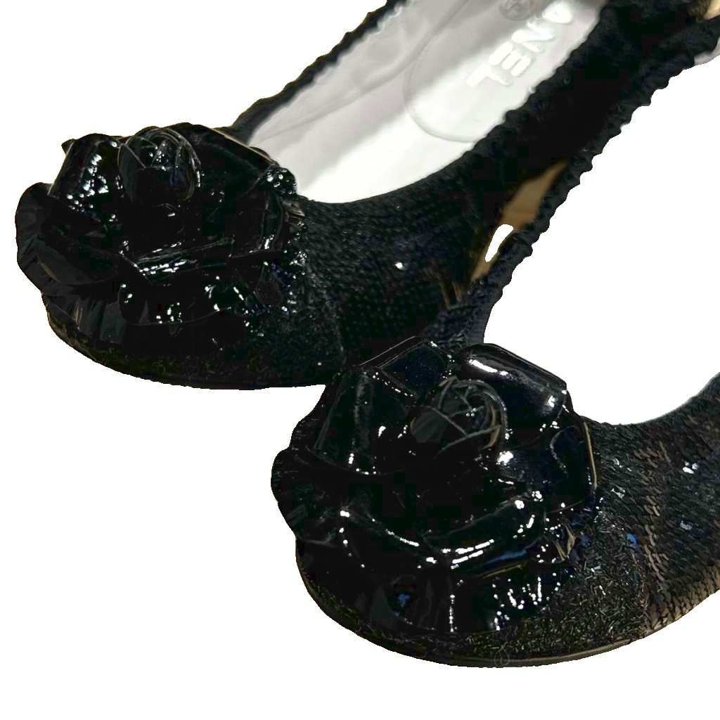Chanel Camellia Flat Shoes Pumps Sequins Black — view 3