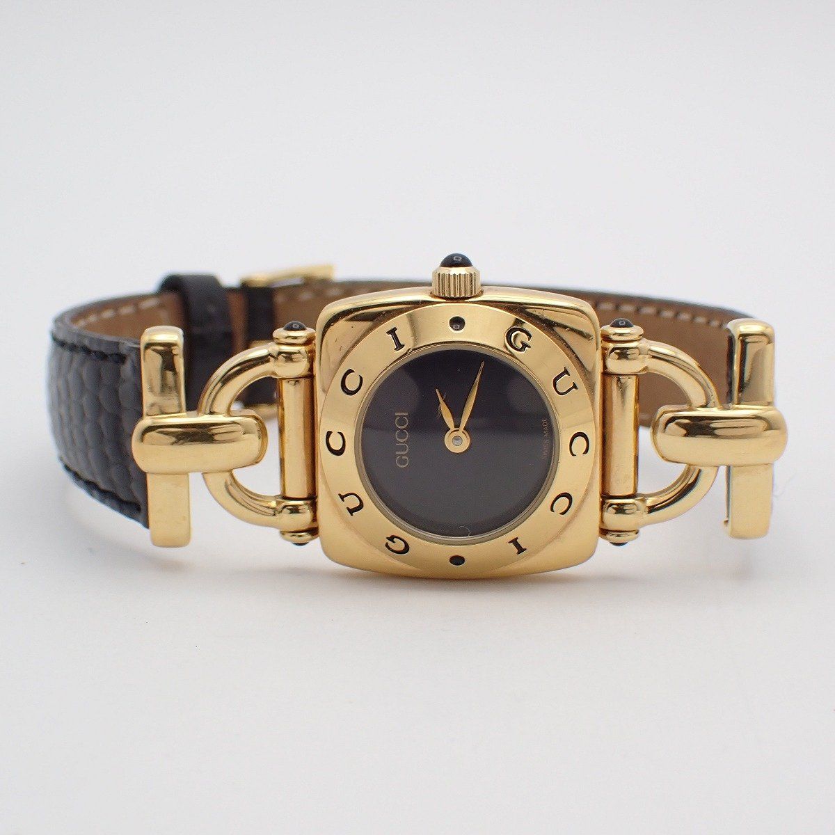 Gucci Quartz Watch Gold Black Dial Leather Strap — view 2