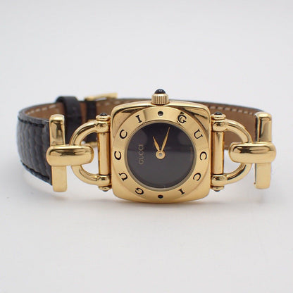 Gucci Quartz Watch Gold Black Dial Leather Strap — view 2