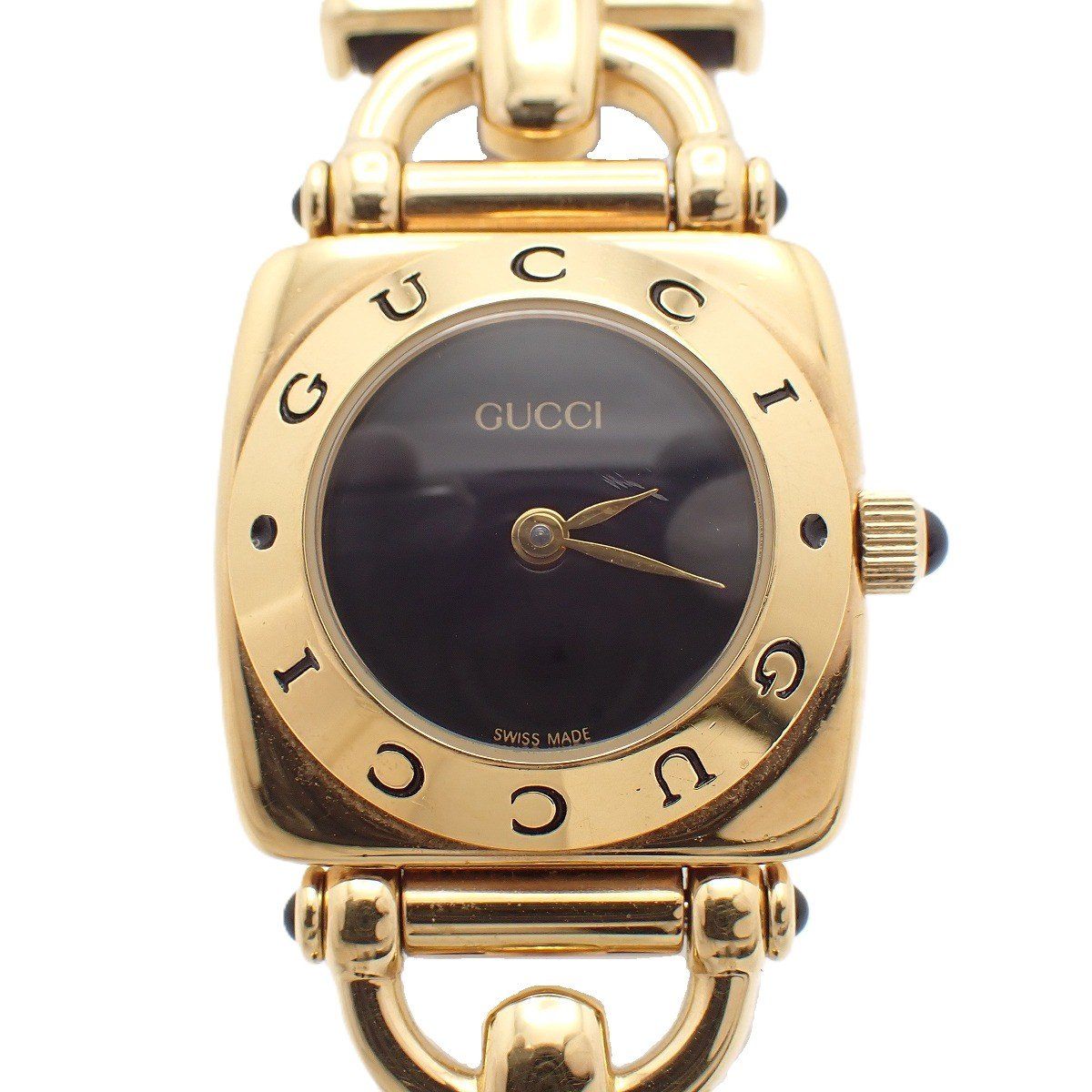 Gucci Quartz Watch Gold Black Dial Leather Strap