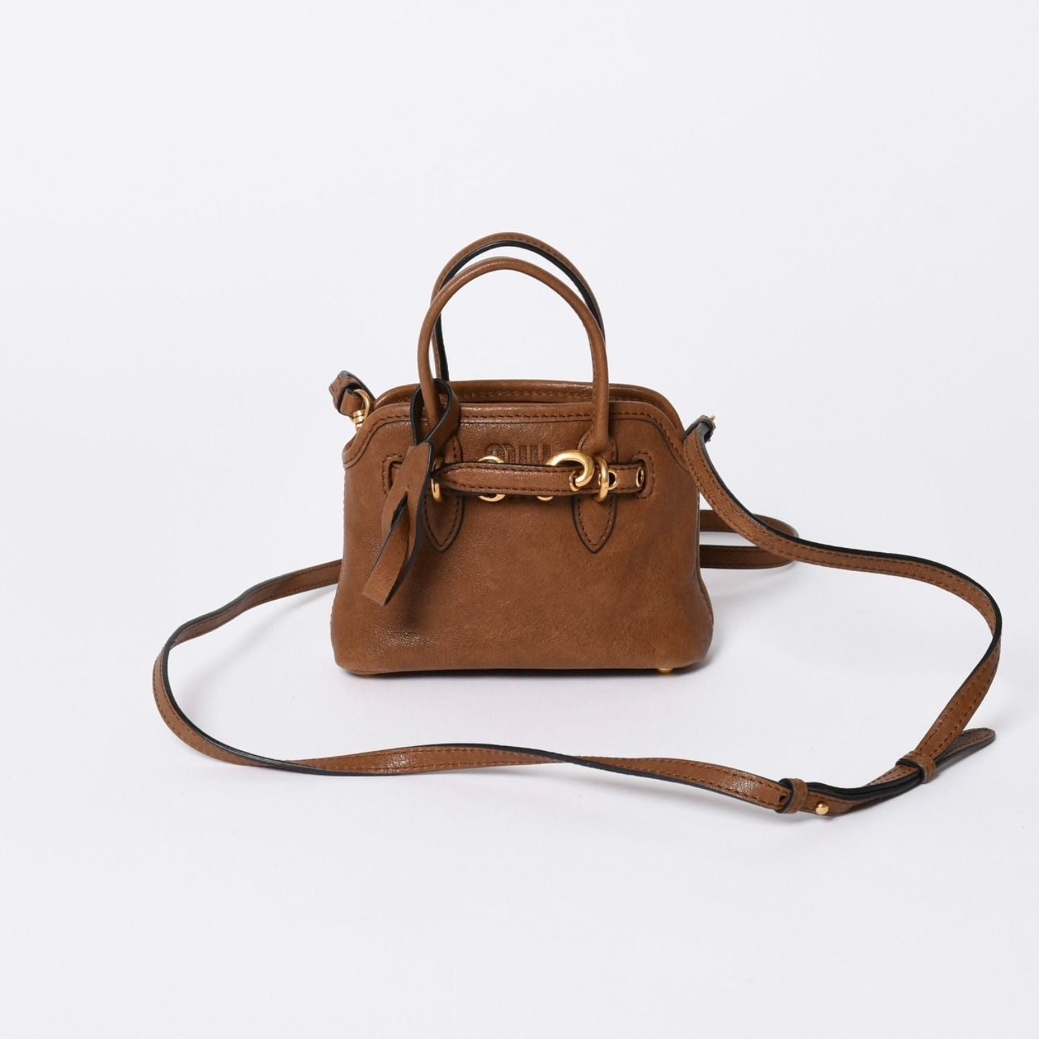 Miu Miu Aventure Micro Top Handle Bag Nappa Leather Brown Gold