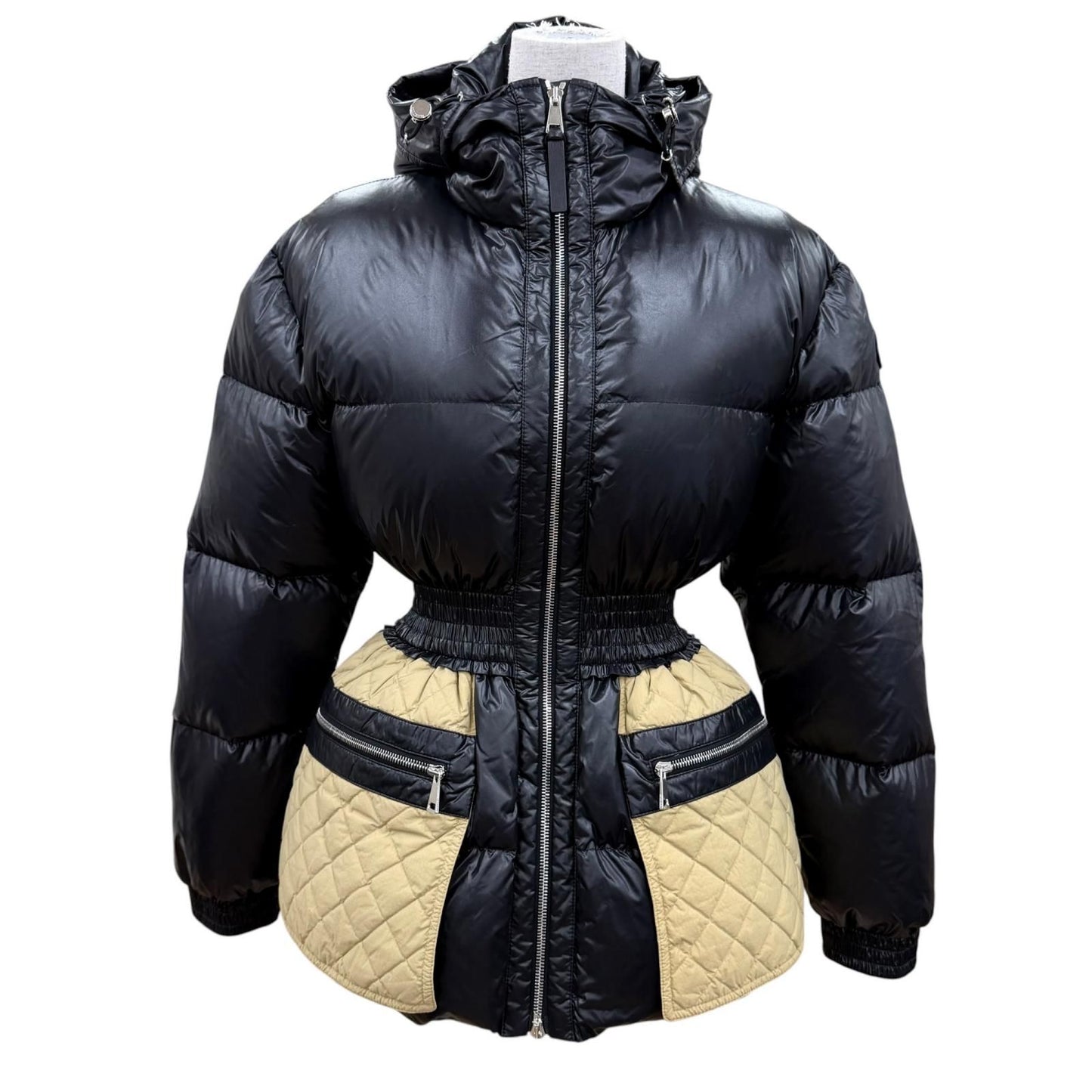 Moncler Genius 2 Patricia Logo Patch Hooded Down Coat Black Beige 00