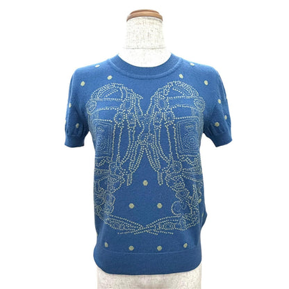 Hermes Brides de Gala Cashmere Cotton Short Sleeve Knit Blue Sweater 38