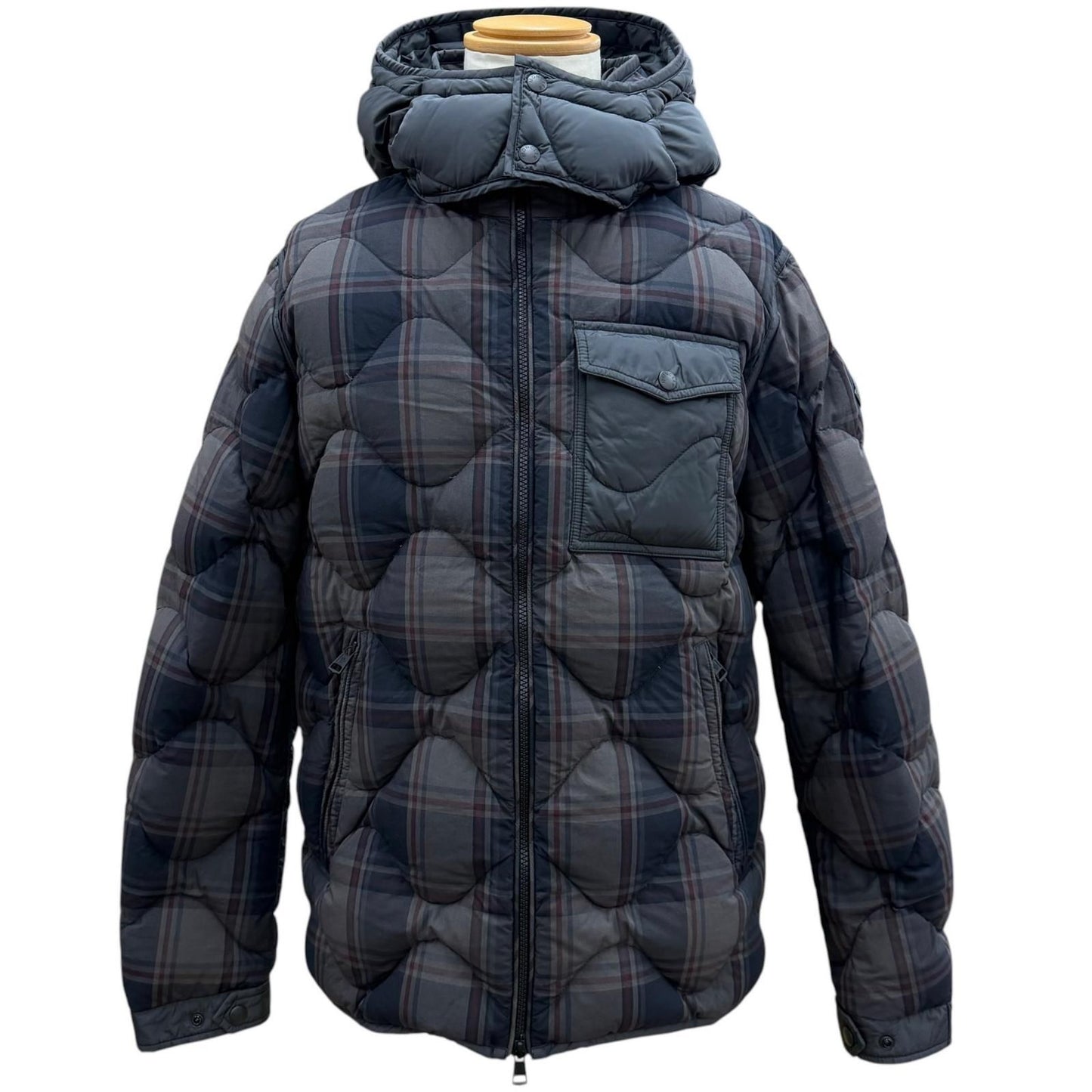 Moncler Gondry Plaid Leather Logo Patch Nylon Trim Hooded Zipup Down Jacket Gray