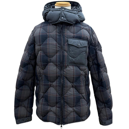 Moncler Gondry Plaid Leather Logo Patch Nylon Trim Hooded Zipup Down Jacket Gray