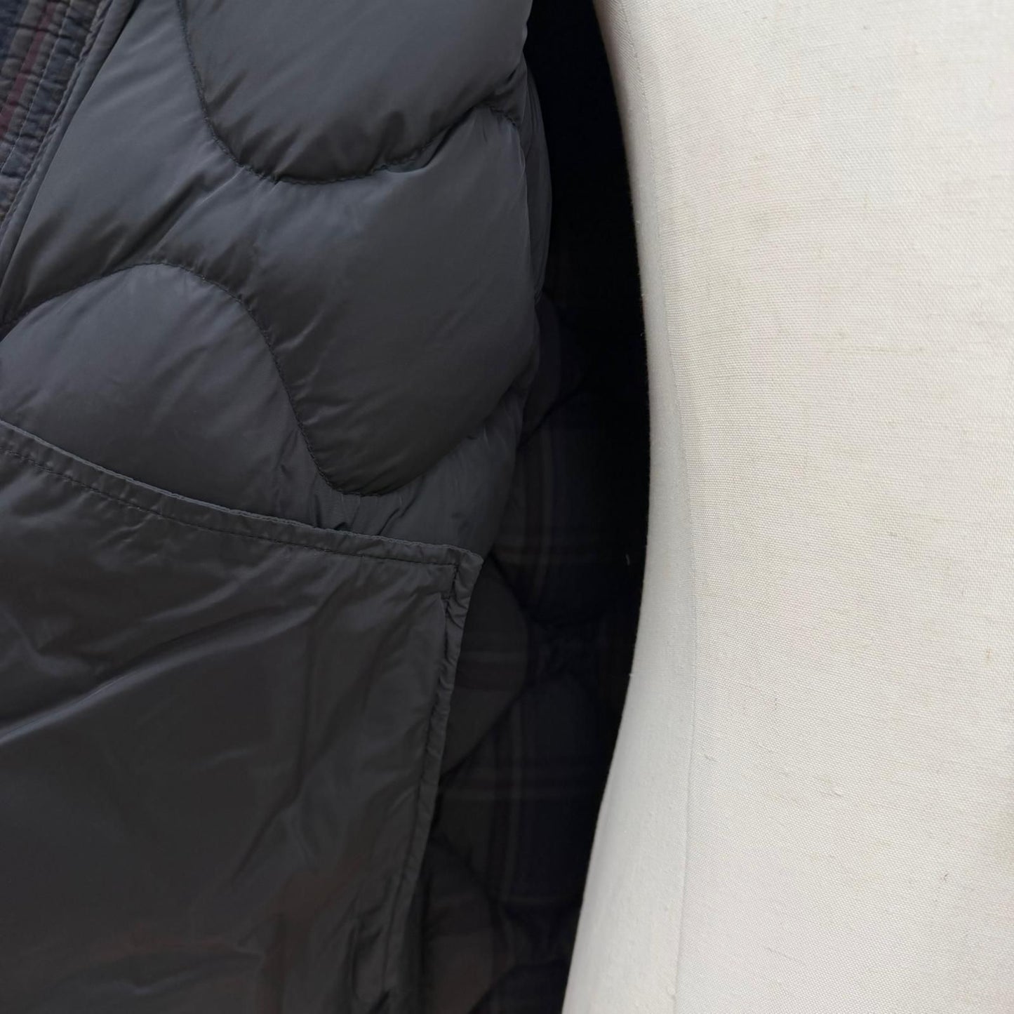 Moncler Gondry Plaid Leather Logo Patch Nylon Trim Hooded Zipup Down Jacket Gray — view 5
