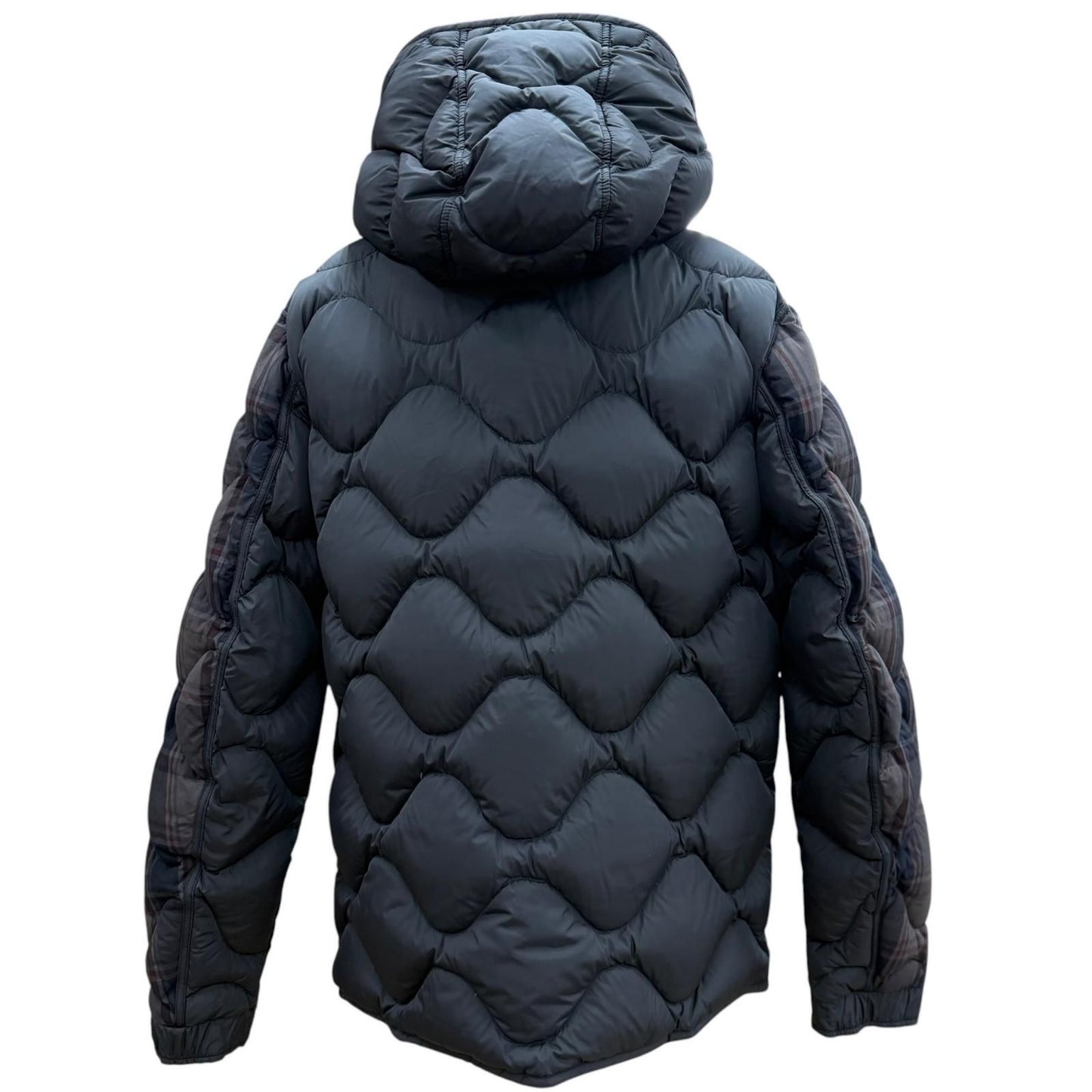Moncler Gondry Plaid Leather Logo Patch Nylon Trim Hooded Zipup Down Jacket Gray — view 4