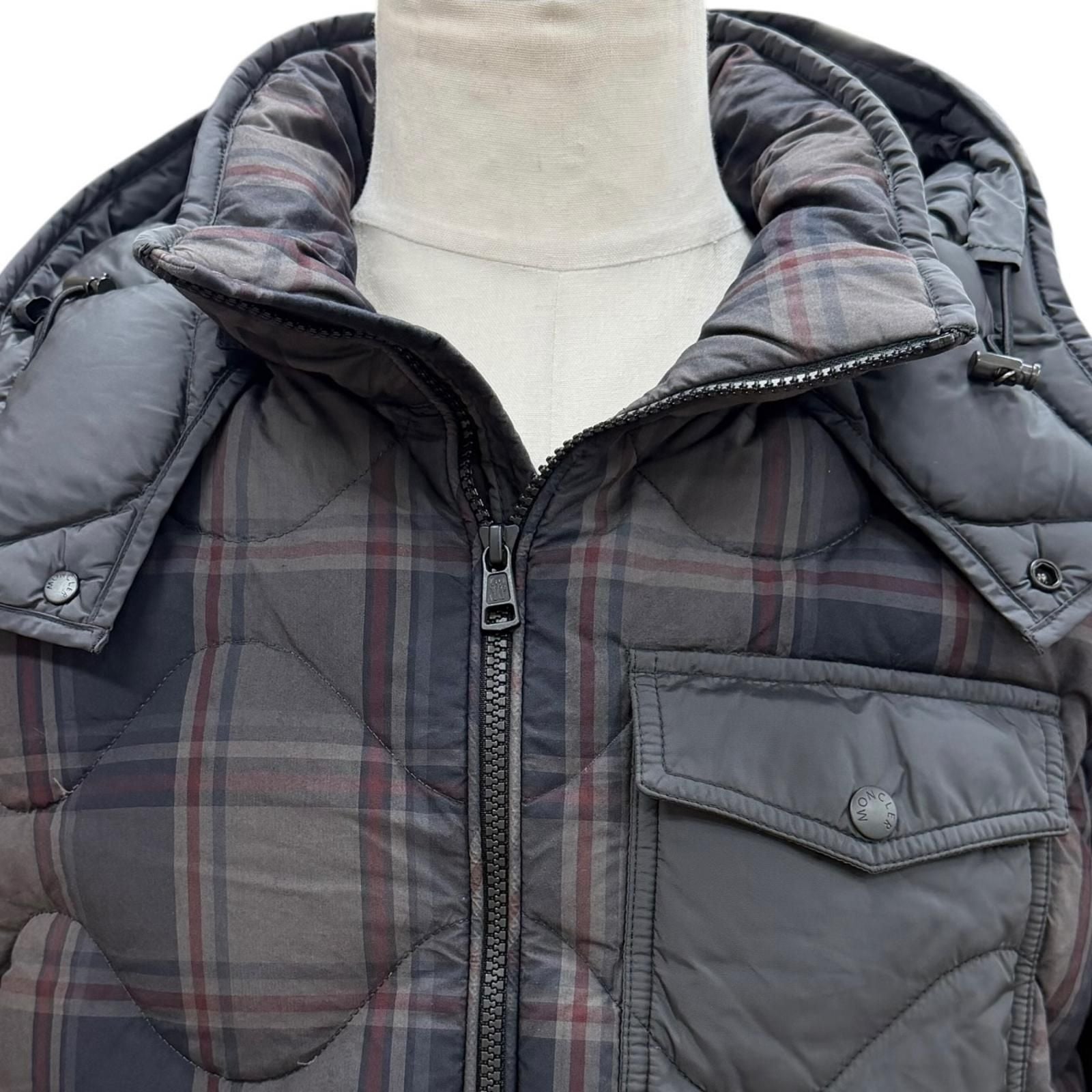 Moncler Gondry Plaid Leather Logo Patch Nylon Trim Hooded Zipup Down Jacket Gray — view 2