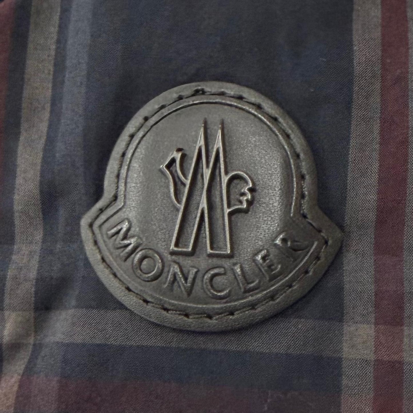 Moncler Gondry Plaid Leather Logo Patch Nylon Trim Hooded Zipup Down Jacket Gray — view 6