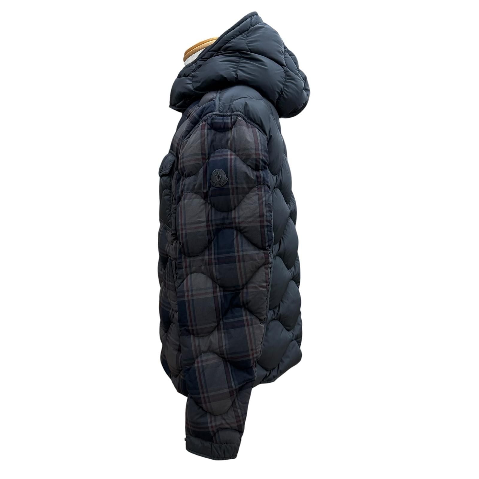 Moncler Gondry Plaid Leather Logo Patch Nylon Trim Hooded Zipup Down Jacket Gray — view 3