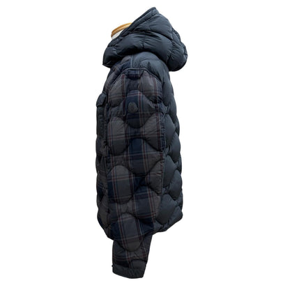 Moncler Gondry Plaid Leather Logo Patch Nylon Trim Hooded Zipup Down Jacket Gray — view 3