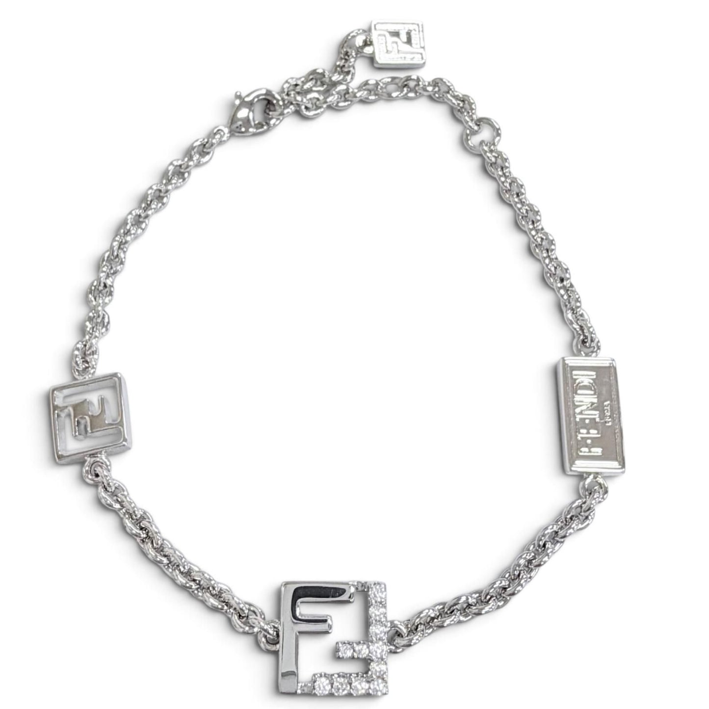 Fendi Forever FF Logo Crystal Chain Bracelet Silver