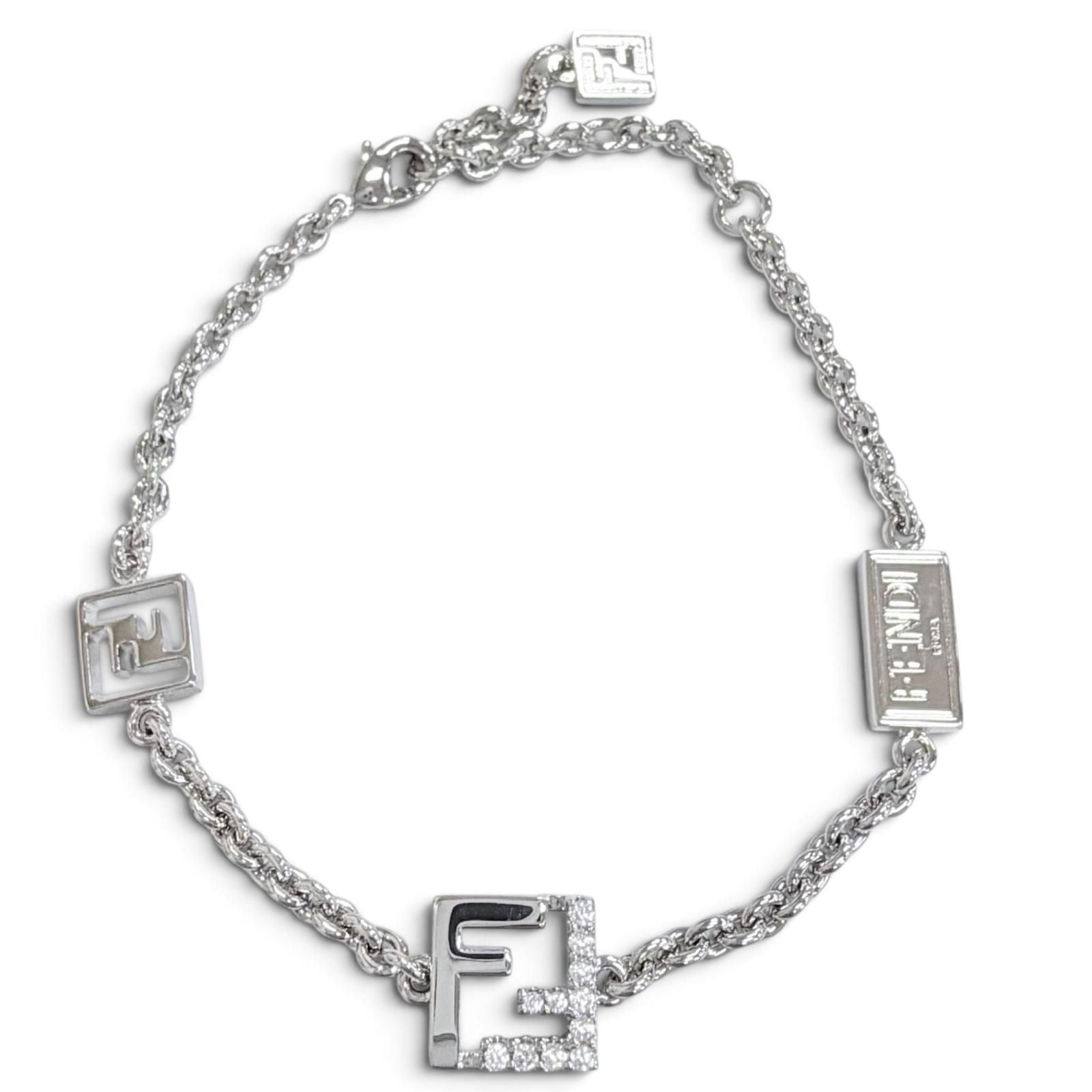 Fendi Forever FF Logo Crystal Chain Bracelet Silver