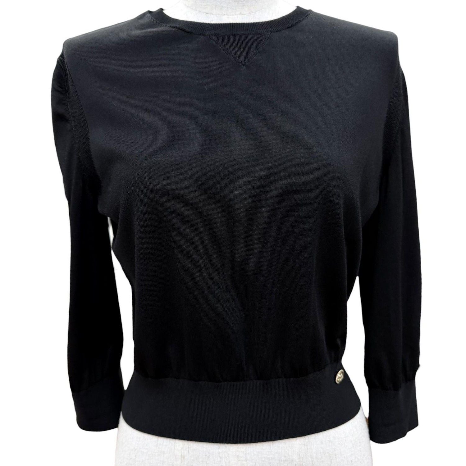 Chanel CC Logo Button Long Sleeve Knit Top Black Sweater 36
