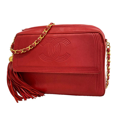 Chanel Shoulder Bag Leather Red Gold