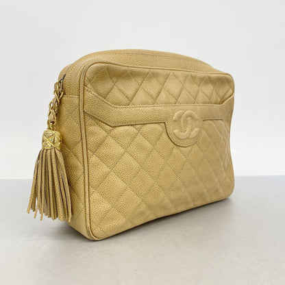 Chanel Shoulder Bag Quilted Caviar Leather Beige Gold — view 2