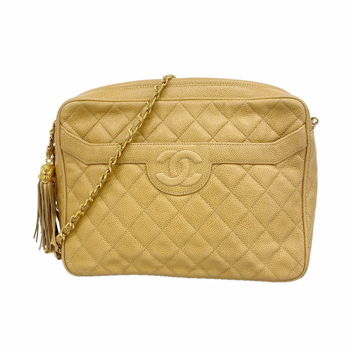 Chanel Shoulder Bag Quilted Caviar Leather Beige Gold