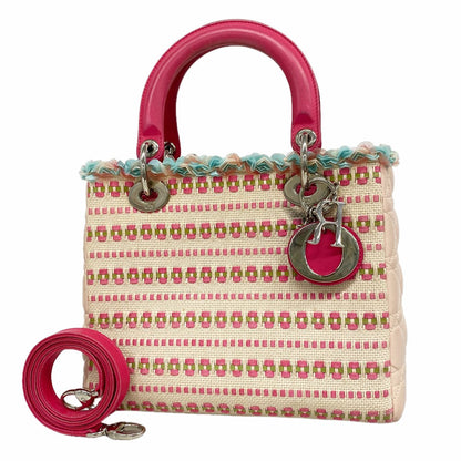 Dior Handbag Cannage Lady Canvas Leather Multicolor Silver 2-Way Bag