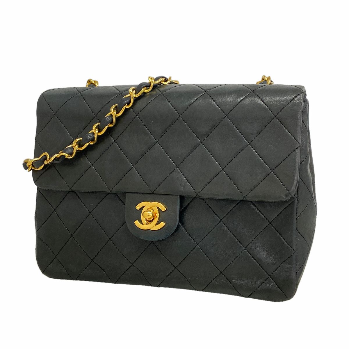 Chanel Shoulder Bag Mini Quilted Lambskin Black Gold