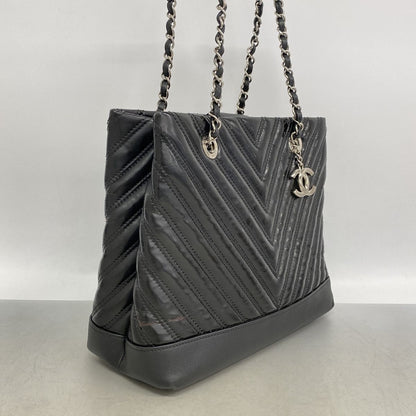 Chanel Chain Tote Bag V-stitch Patent Leather Black Silver — view 2