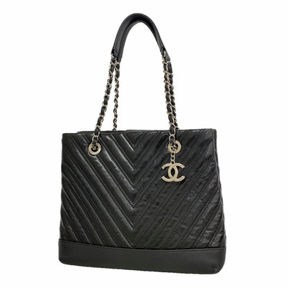 Chanel Chain Tote Bag V-stitch Patent Leather Black Silver